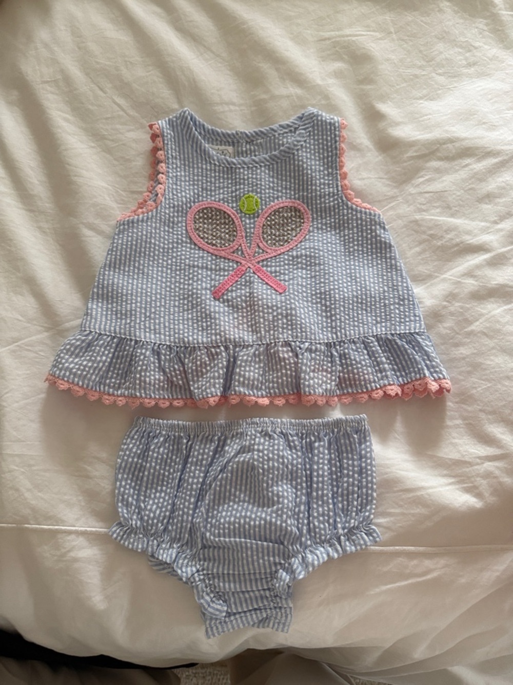 Mud Pie Blue Seersucker Tennis Ruffle Dress and Matching Bloomers with Pink Trim